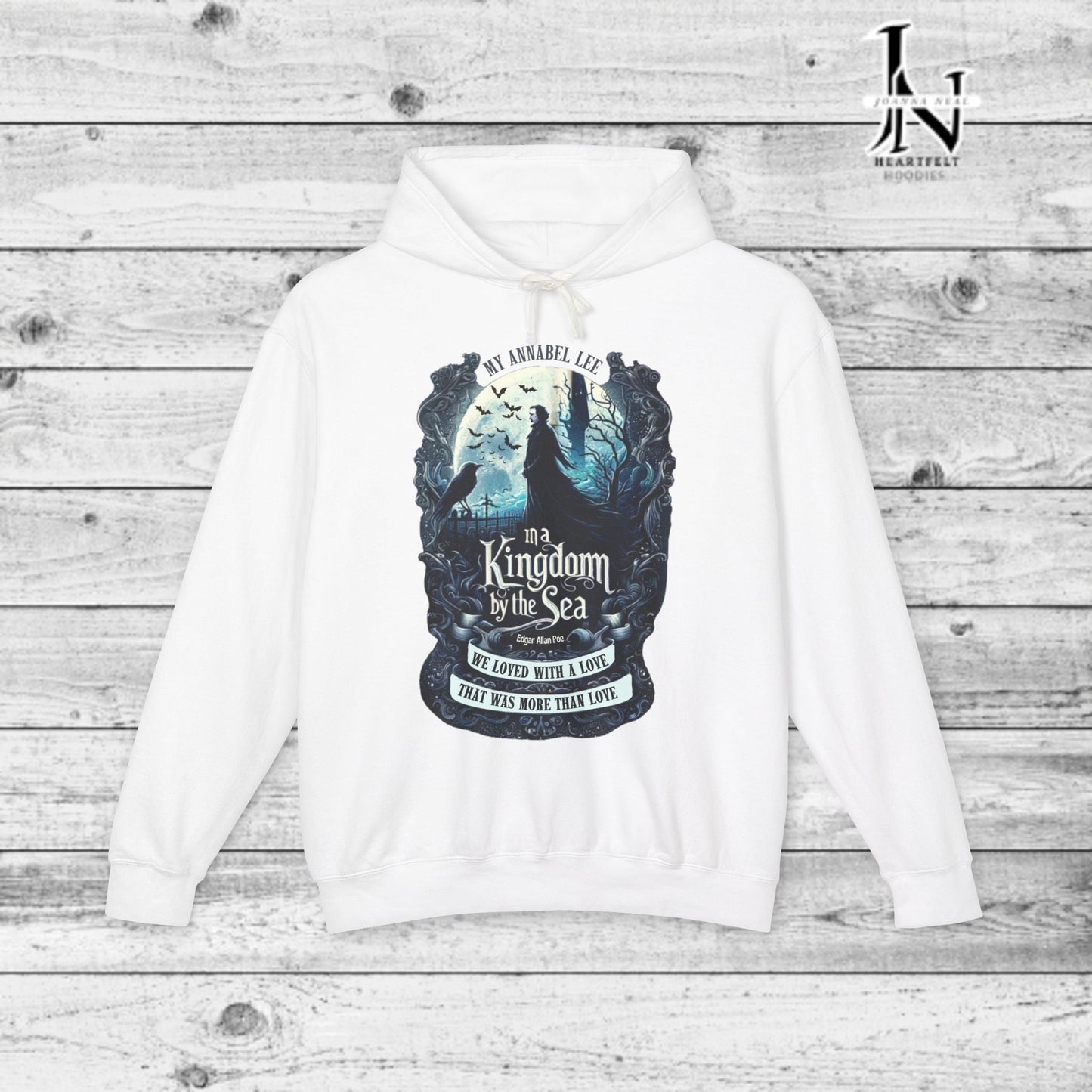 The haunting beauty of Edgar Allan Poe’s timeless poem diplayed with our Poetry Clothing Annabel Lee Gothic classic hoodie. Features a moonlit sea and gothic castle 