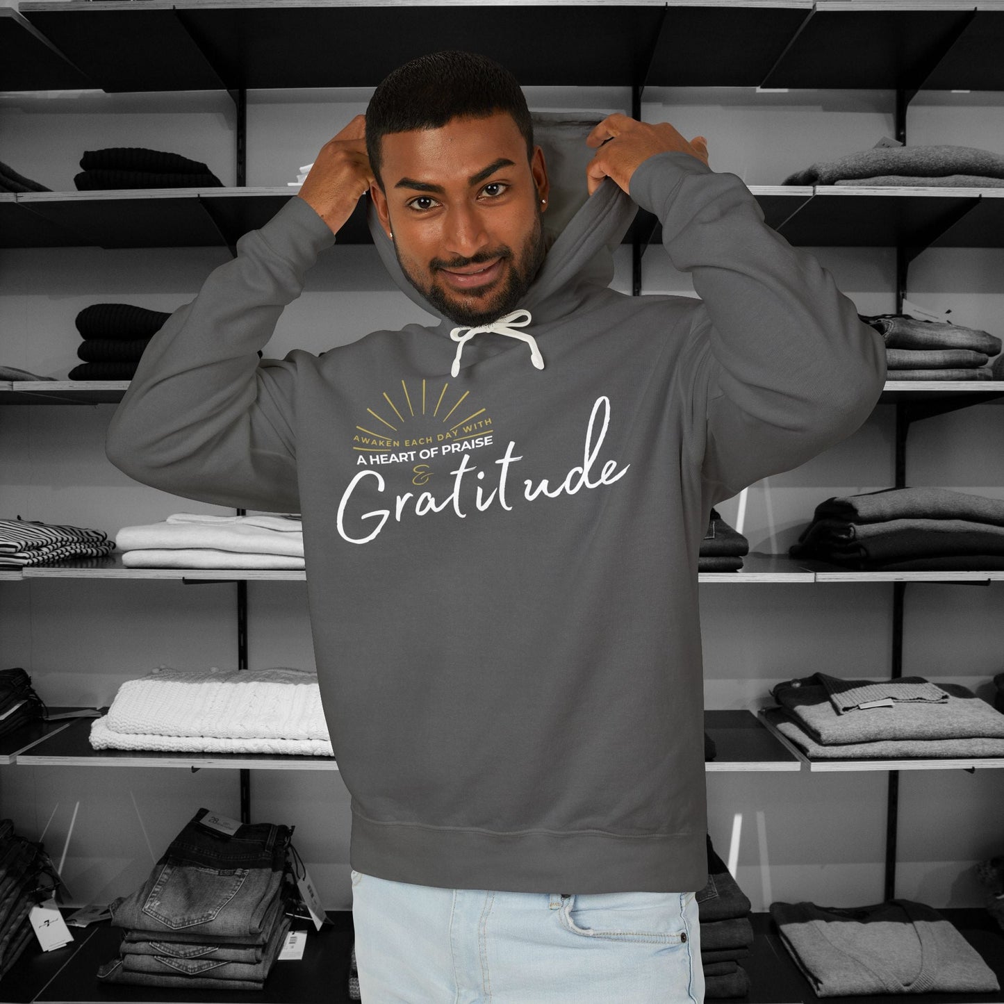 Start each day with a spirit of gratitude in this beautifully designed Comfort Colors hoodie from Heartfelt Hoodies.  Click here ⬆ to shop all our Christian hoodies.