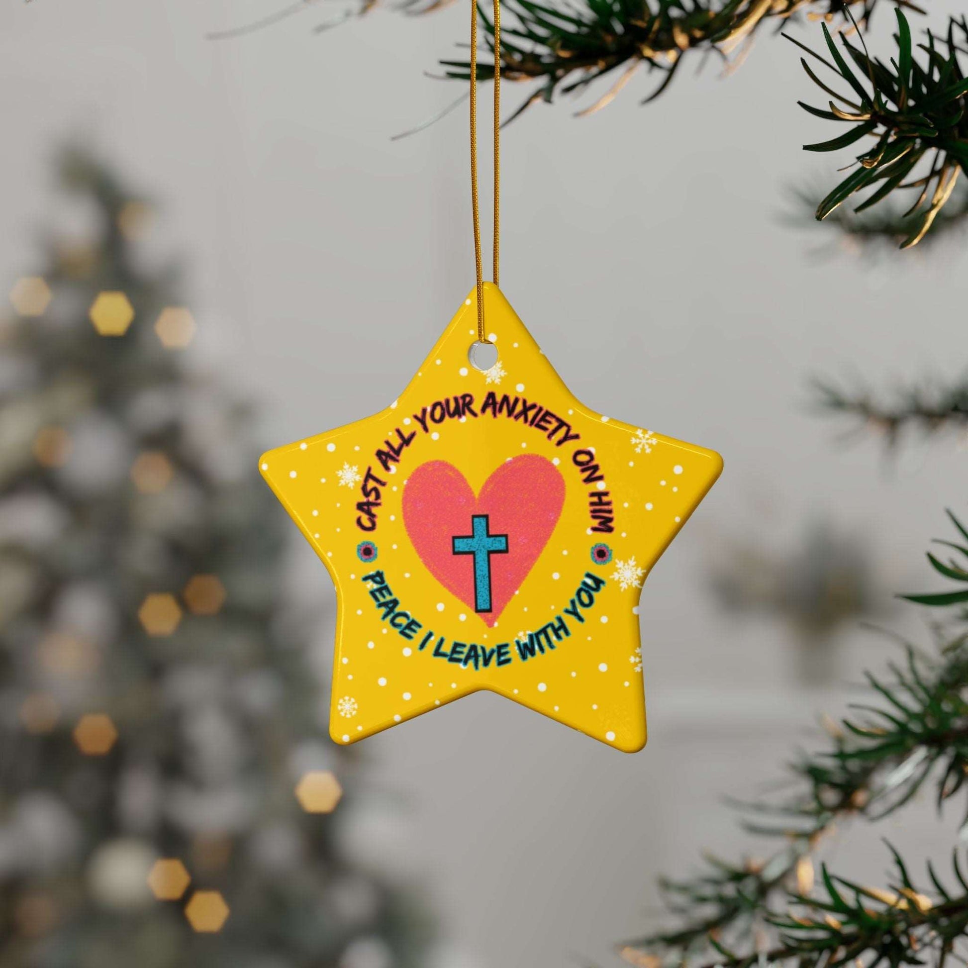 Cast all Your Anxiety On Him Ceramic Christmas Ornaments from Heartfelt Hoodies seasonal specials combine Christmas with Mental Health Awareness and Christian Faith.