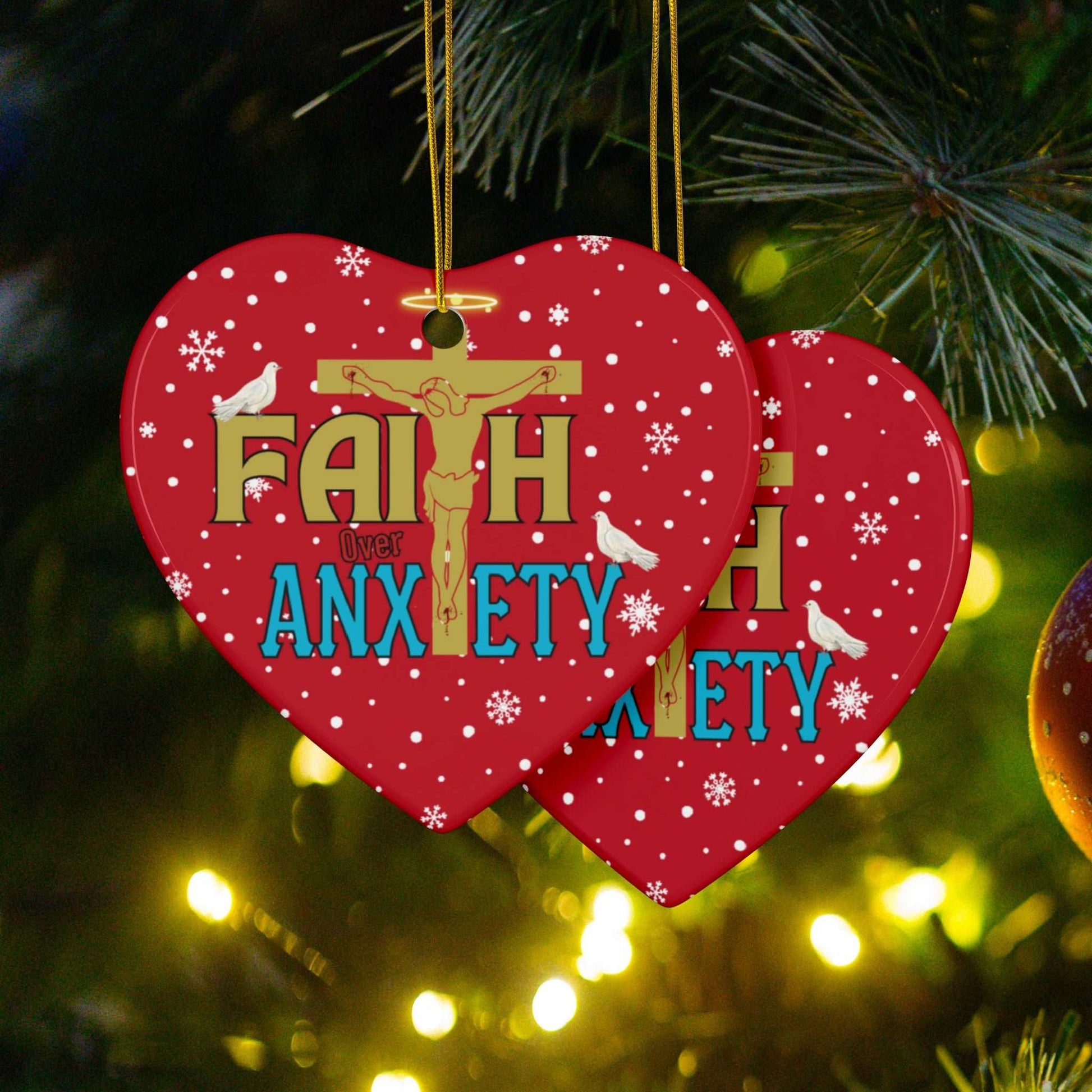 "Faith Over Anxiety" Ceramic Christmas Ornaments| Christian Tree Ornaments