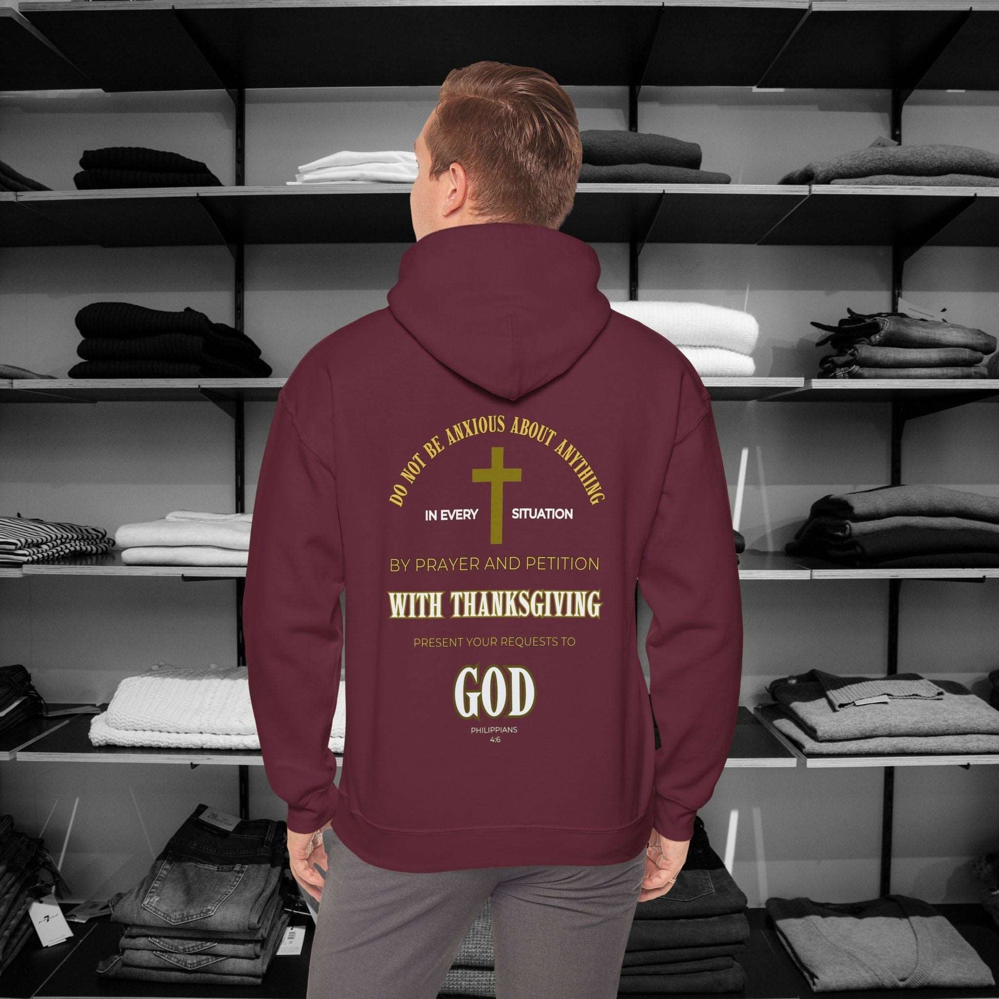 Start the day with a spirit of gratitude in these beautifully designed Christian hoodies by Heartfelt Hoodies. Philippians 4:6 based design. Perfect for Thanksgiving