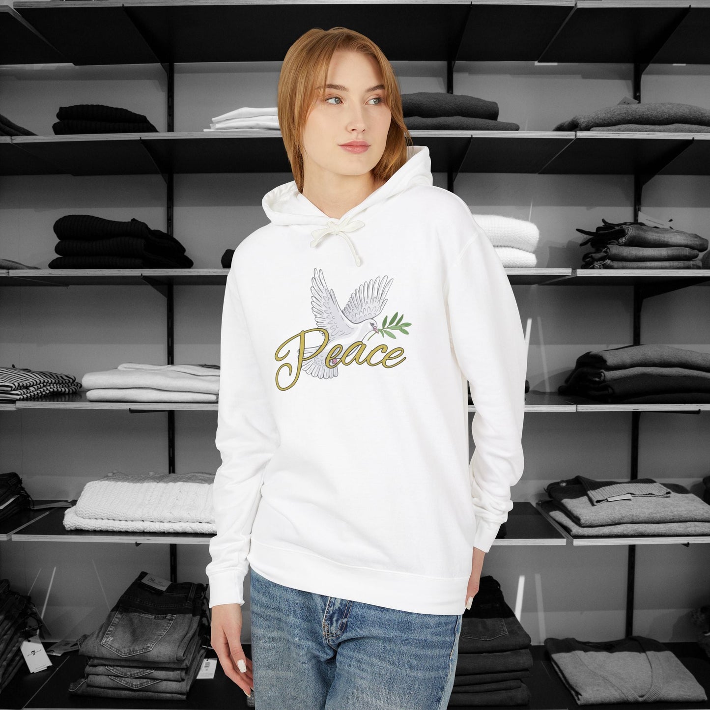 Spread a message of peace and faith with this beautifully designed Comfort Colors Christian hoodies from Heartfelt Hoodies. Features a bold Peace design with a dove.