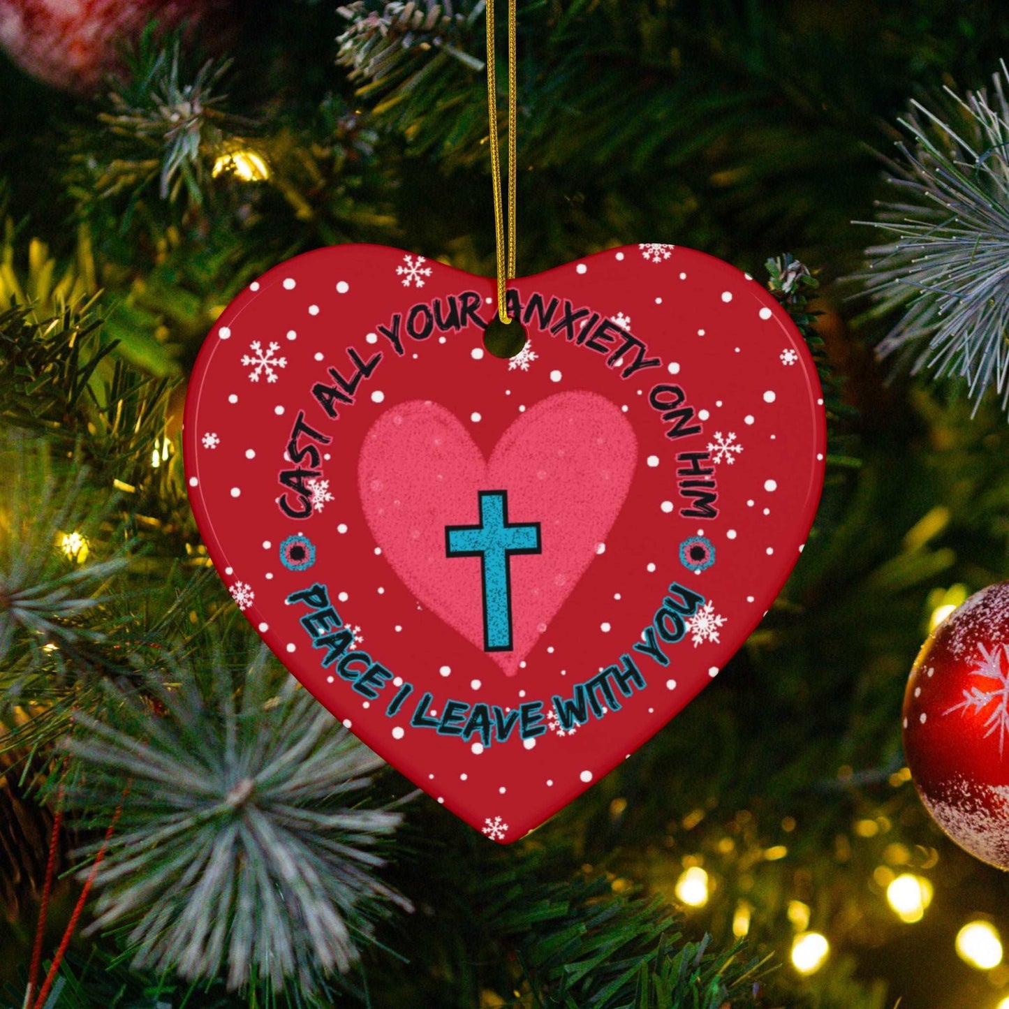 Cast all Your Anxiety On Him Ceramic Christmas Ornaments from Heartfelt Hoodies seasonal specials combine Christmas with Mental Health Awareness and Christian Faith.