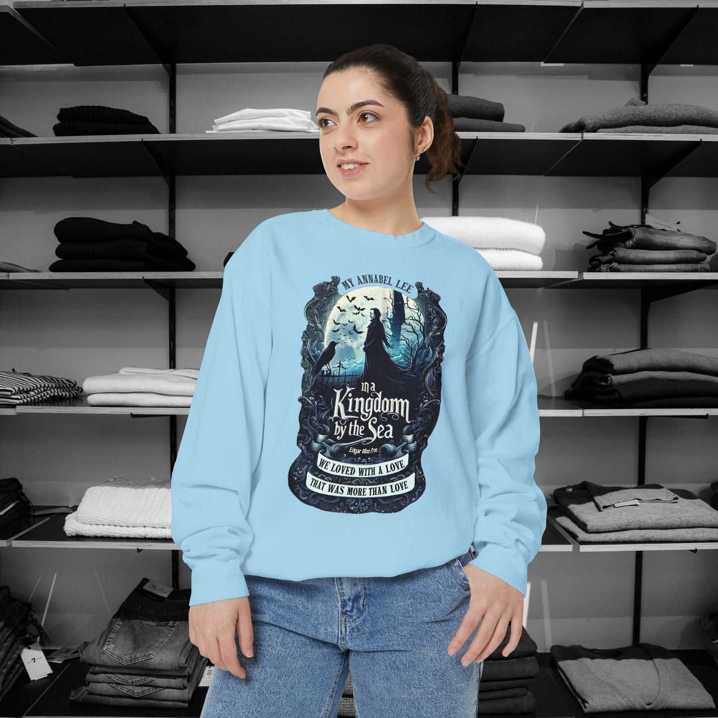 Step into the haunting beauty of Edgar Allan Poe’s timeless poem with our Poetry Clothing line, This Annabel Lee Sweatshirt Features a moonlit sea and gothic castle