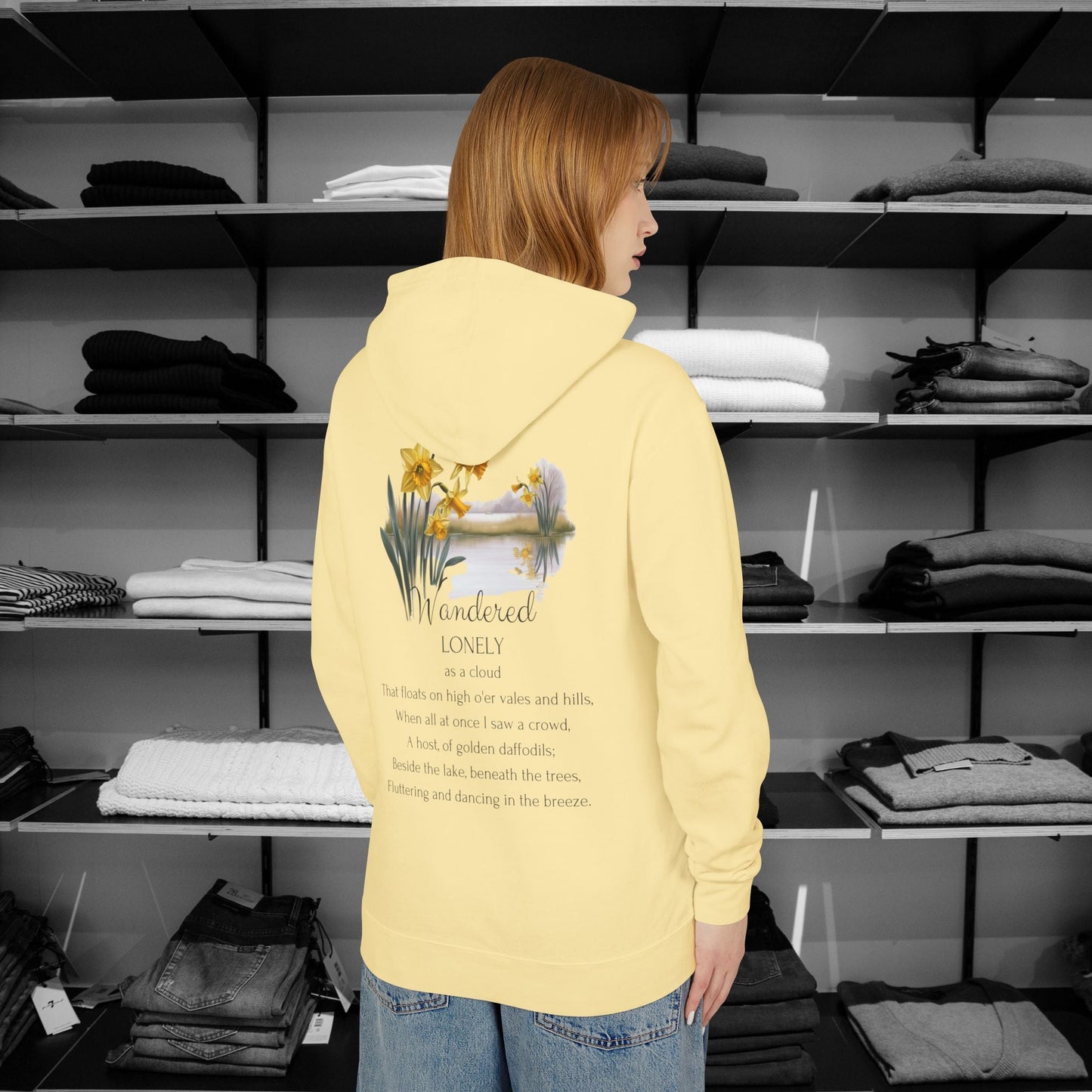 Step into poetry and style with this poetry clothing beautifully designed hoodie inspired by Wordsworth’s timeless verse, "I Wandered Lonely as a Cloud."  Shop Now