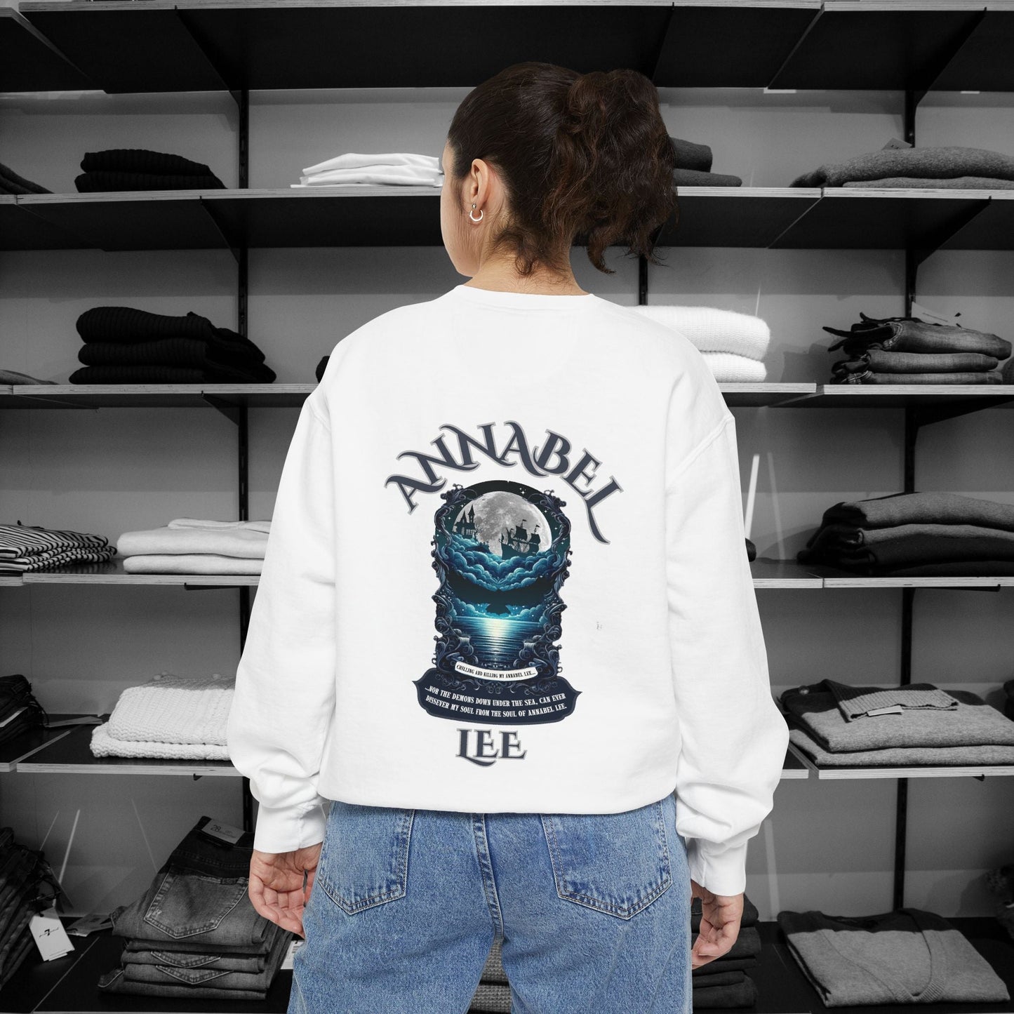 Step into the haunting beauty of Edgar Allan Poe’s timeless poem with our Poetry Clothing line, This Annabel Lee Sweatshirt Features a moonlit sea and gothic castle