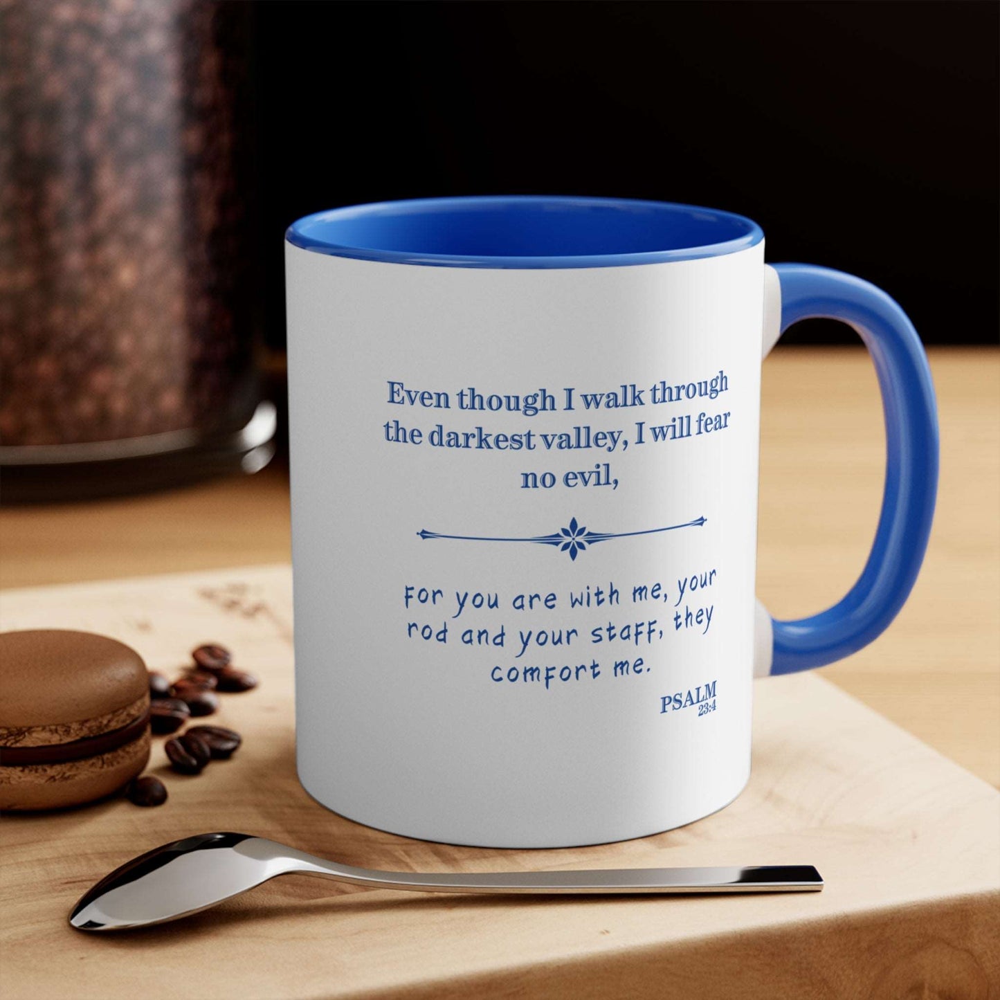 Check out our Christian Ceramic Coffee Mug "Faith, Hope & Love"  inspired by 1 Corinthians 13:13, Psalm 23:4: "Even though I walk through the darkest valley" Perfect blue and white