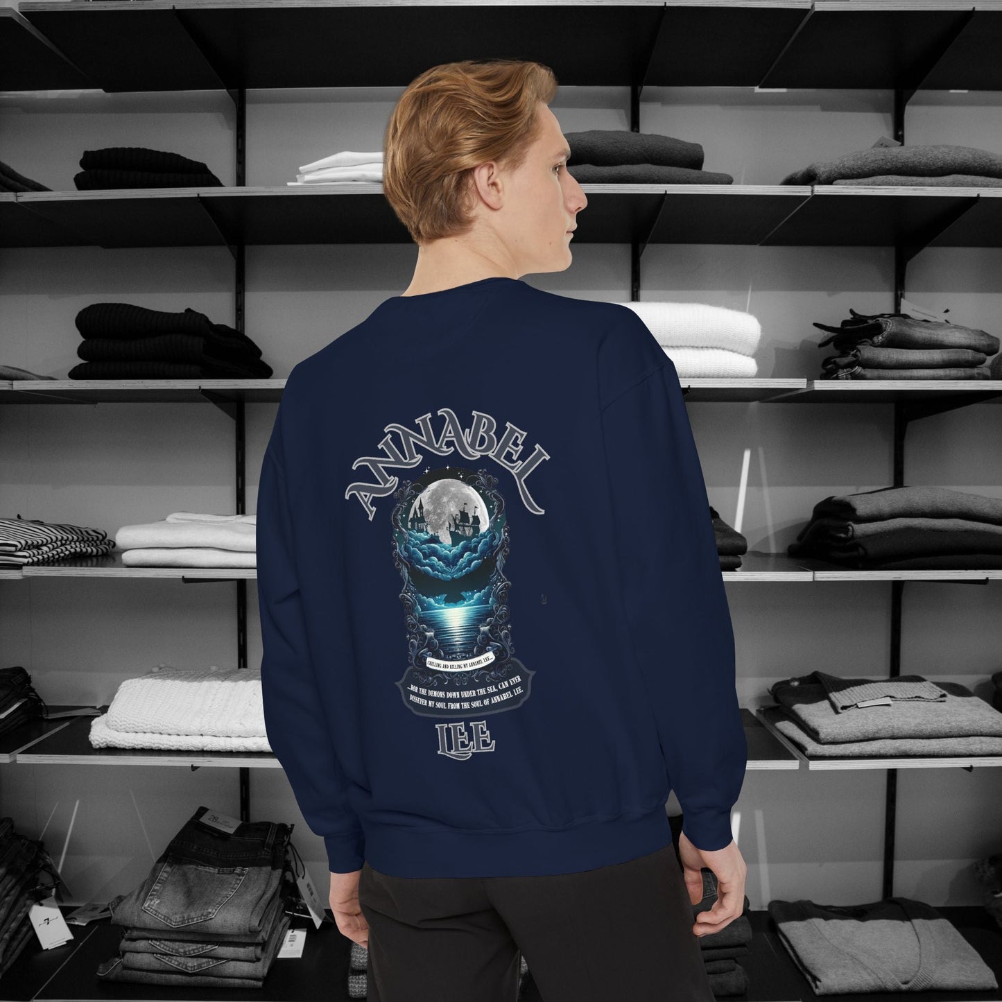 Step into the haunting beauty of Edgar Allan Poe’s timeless poem with our Poetry Clothing line, This Annabel Lee Sweatshirt Features a moonlit sea and gothic castle