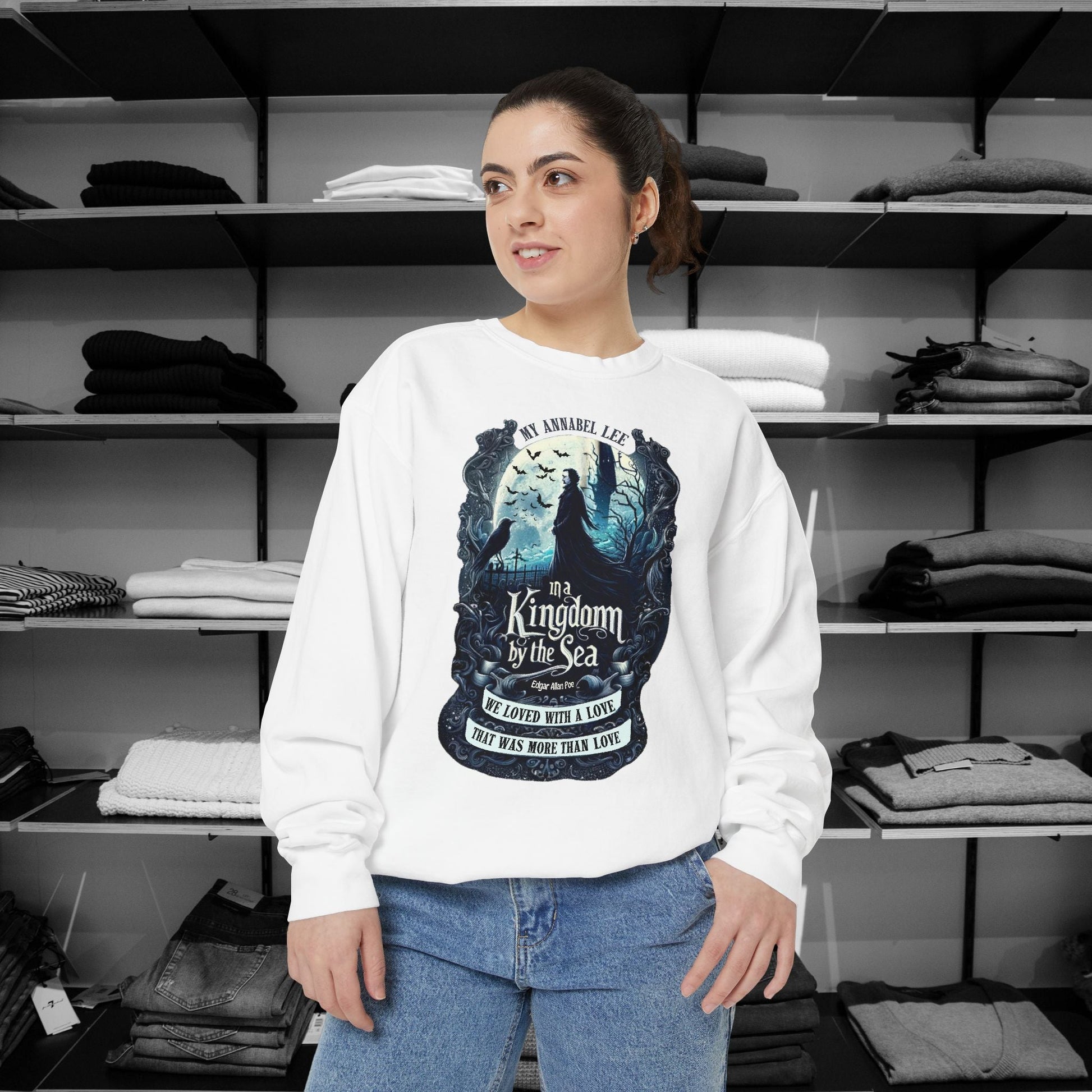 Step into the haunting beauty of Edgar Allan Poe’s timeless poem with our Poetry Clothing line, This Annabel Lee Sweatshirt Features a moonlit sea and gothic castle