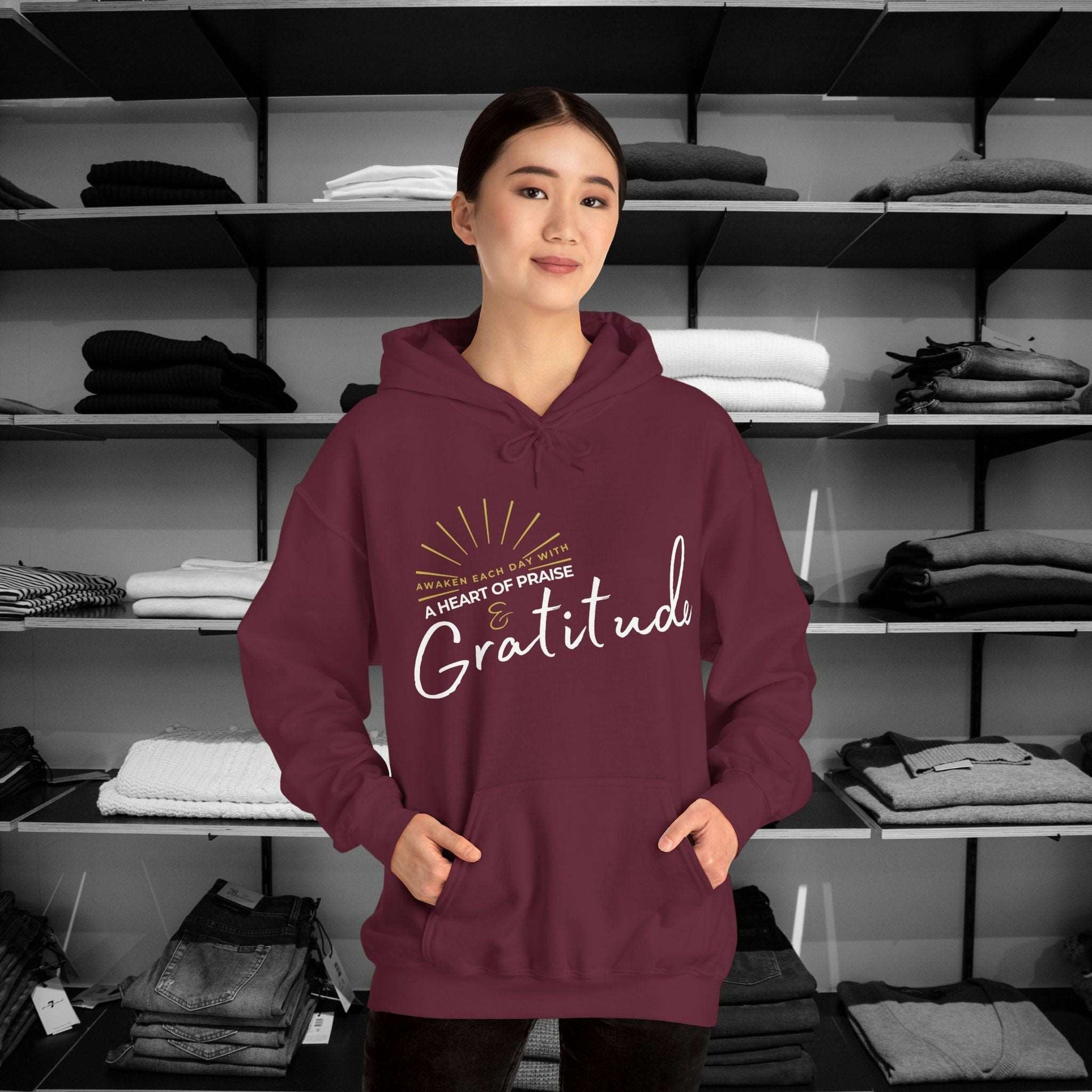 Start the day with a spirit of gratitude in these beautifully designed Christian hoodies by Heartfelt Hoodies. Philippians 4:6 based design. Perfect for Thanksgiving