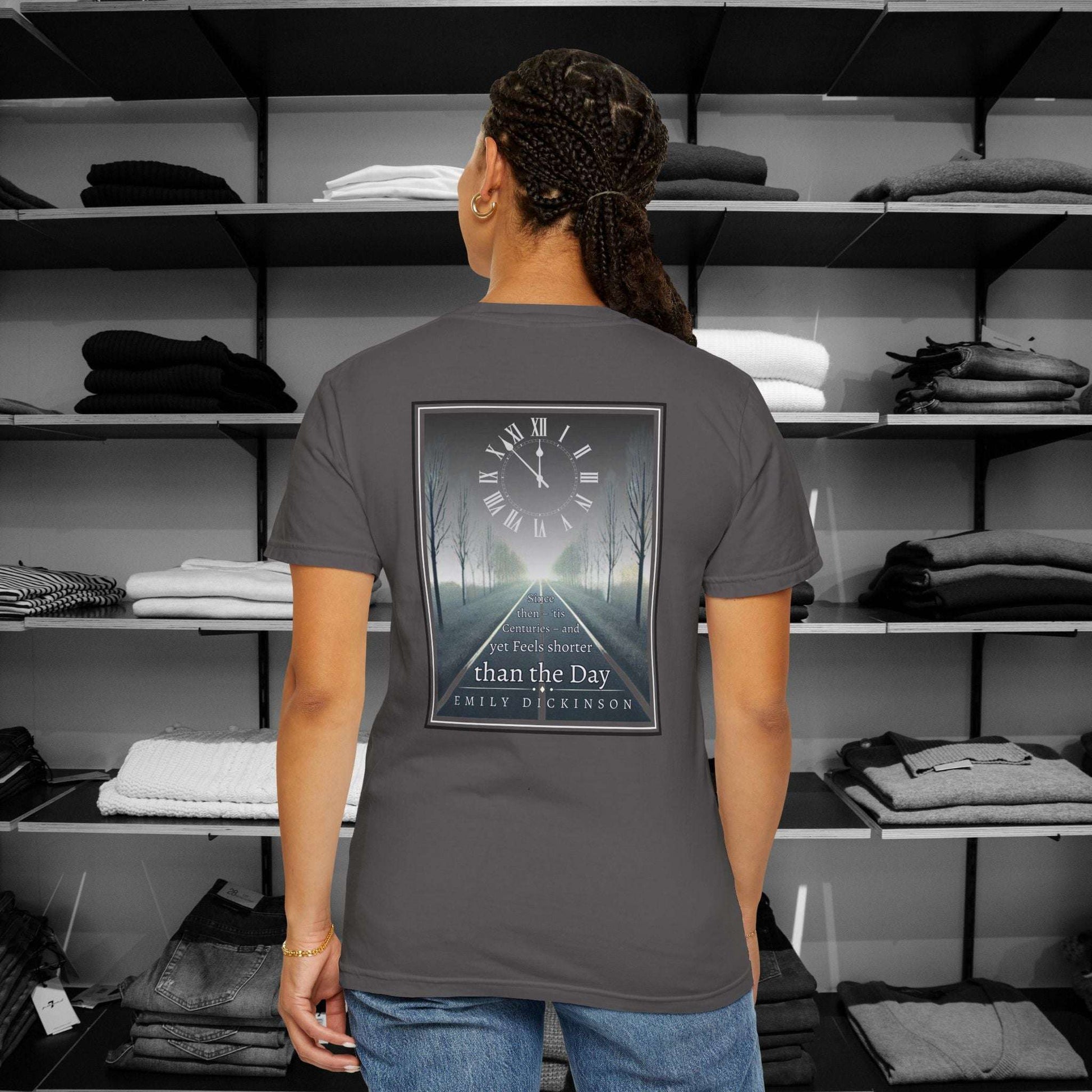 Step into the world of Poetry Clothing with Emily Dickinson, this beautifully designed T-shirt Inspired by the reflective tone of "Because I Could Not Stop for Death