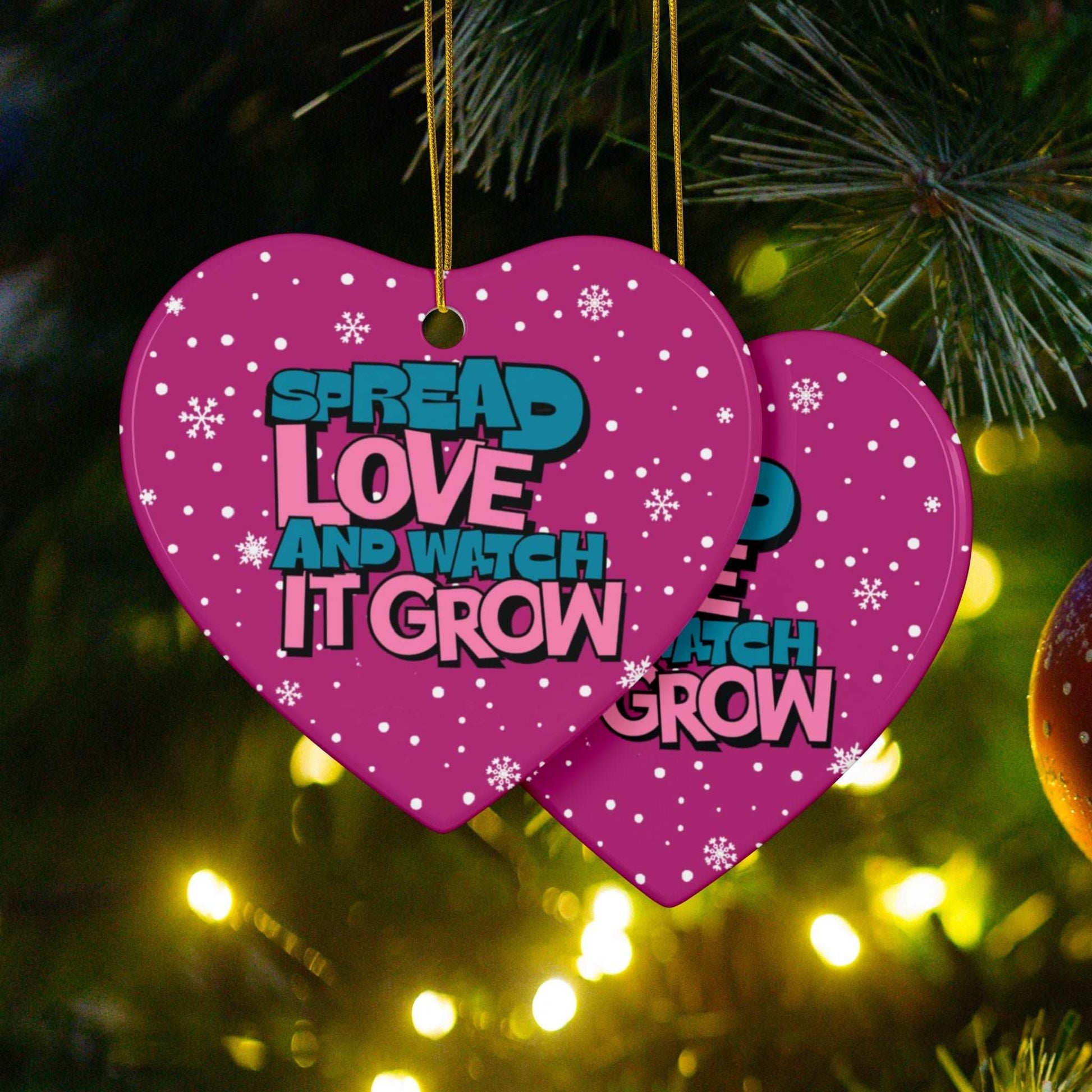 Transform Christmas trees into a beautiful beacon of growing love with Heartfelt Hoodies and these premium ceramic Christmas ornaments Spread Love and Watch it Grow.