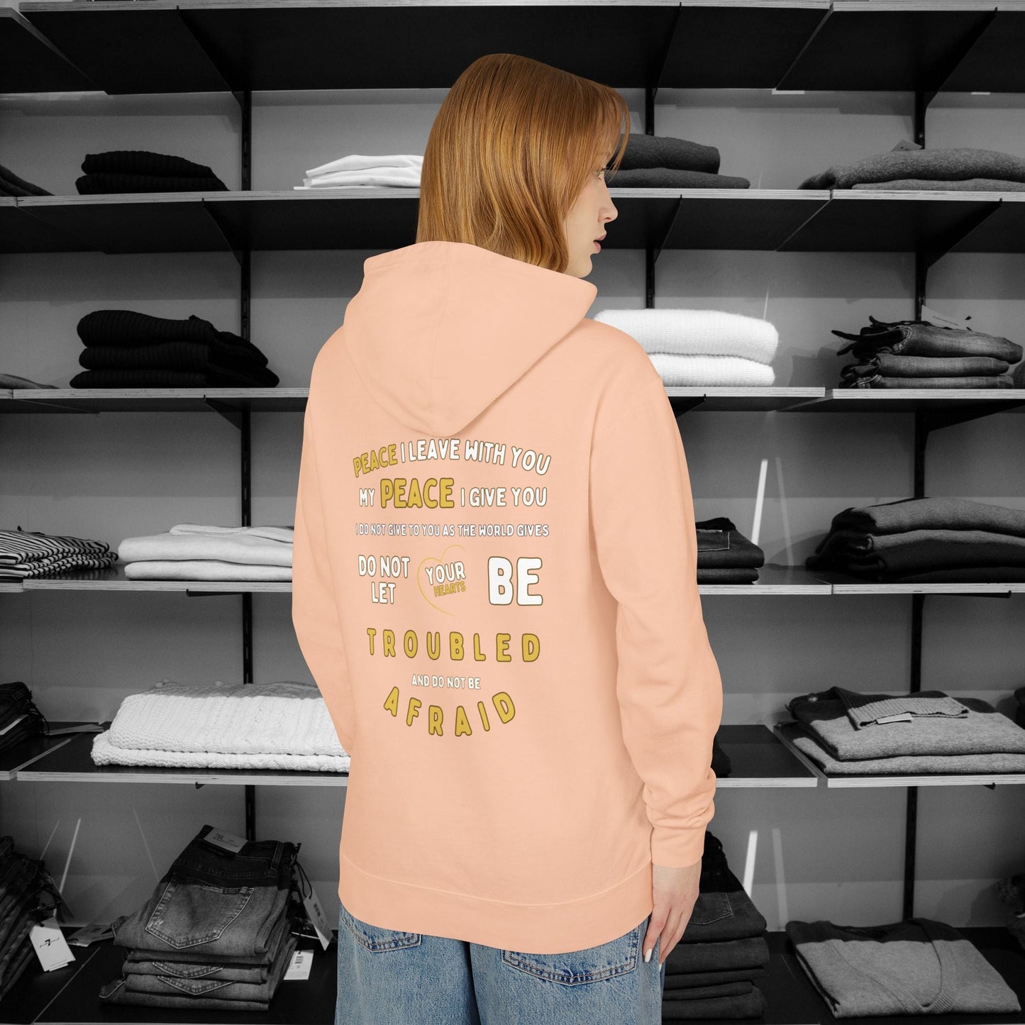 Spread a message of peace and faith with this beautifully designed Comfort Colors Christian hoodies from Heartfelt Hoodies. Features a bold Peace design with a dove.