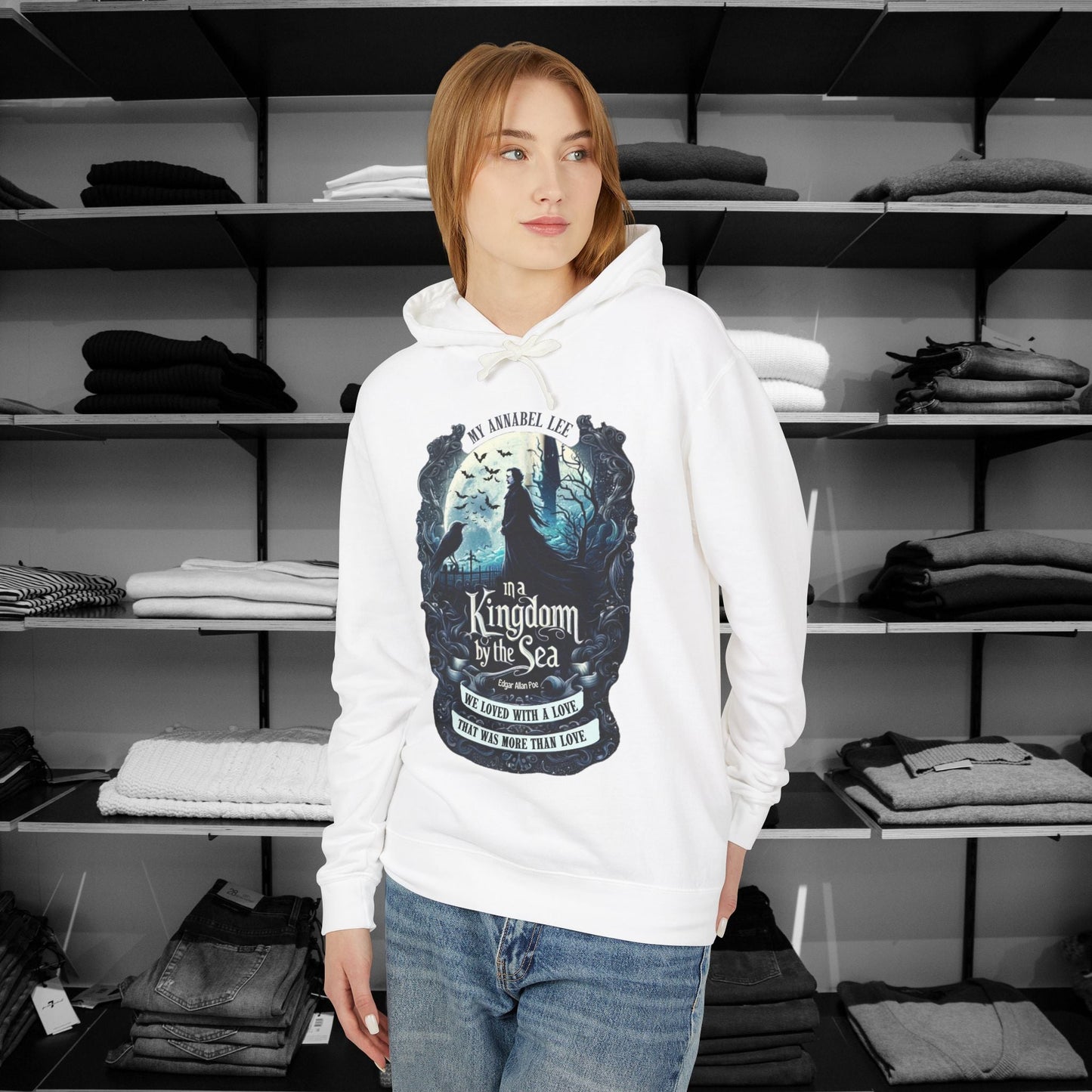 The haunting beauty of Edgar Allan Poe’s timeless poem diplayed with our Poetry Clothing Annabel Lee Gothic classic hoodie. Features a moonlit sea and gothic castle 