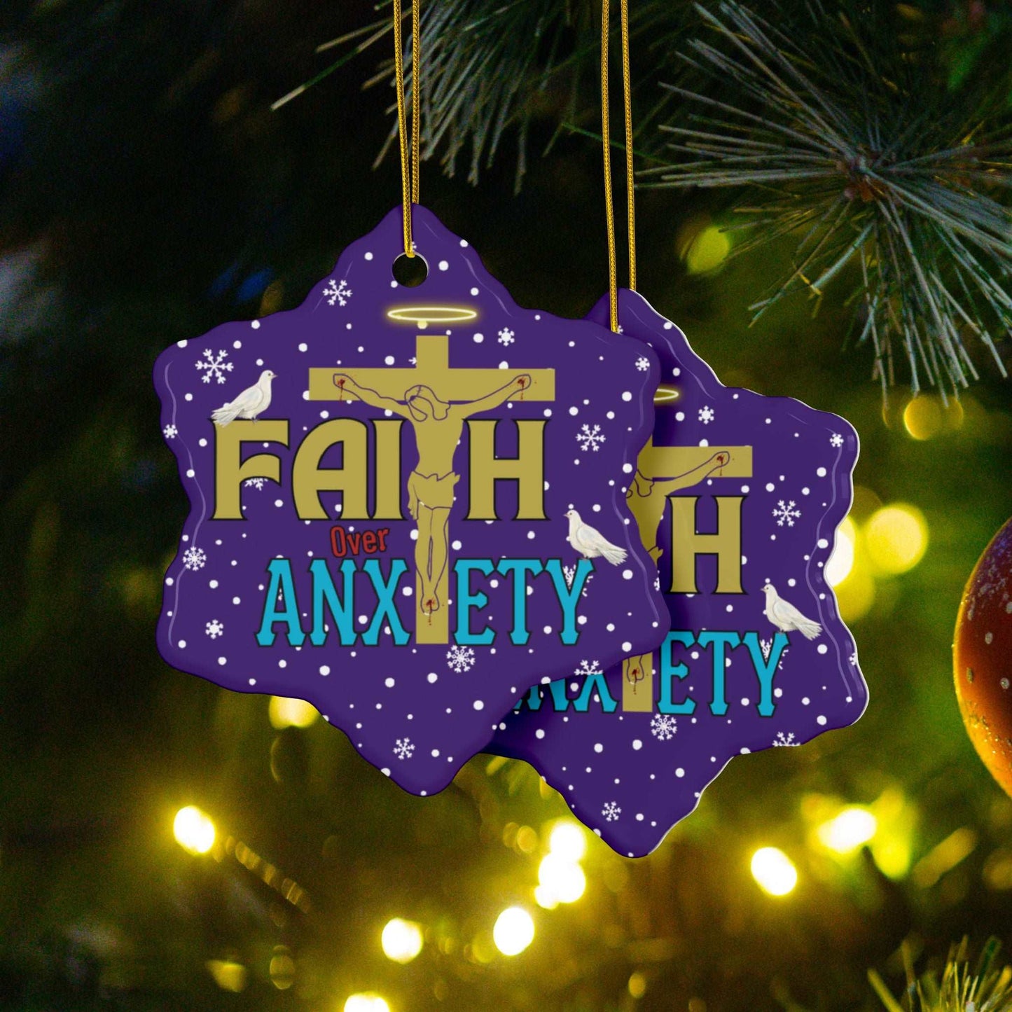 "Faith Over Anxiety" Ceramic Christmas Ornaments| Christian Tree Ornaments