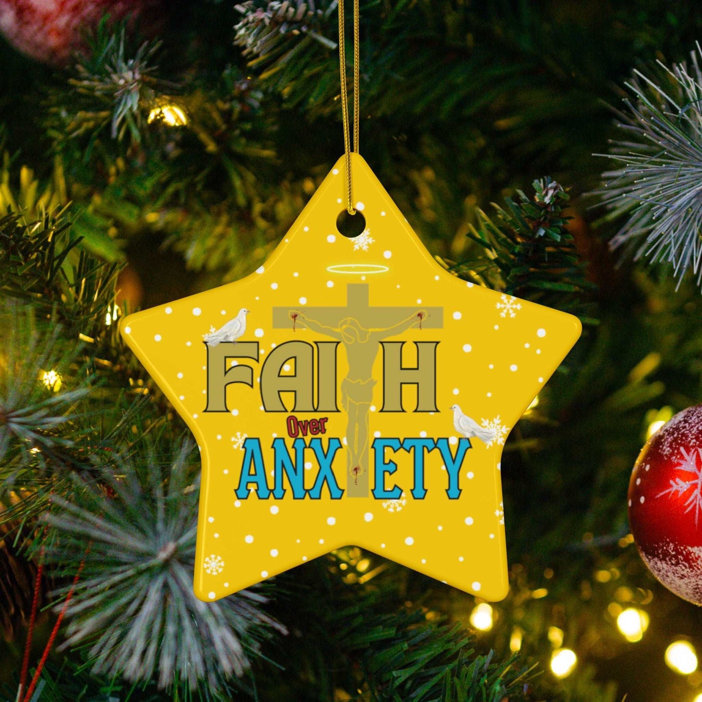 "Faith Over Anxiety" Ceramic Christmas Ornaments| Christian Tree Ornaments