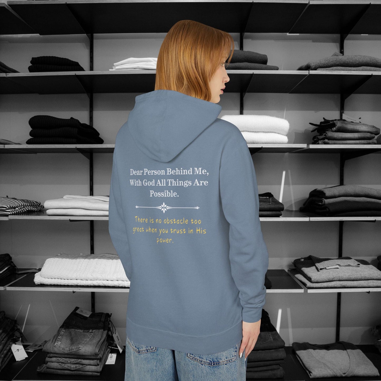 Inspire faith with our 'Dear Person Behind Me' Comfort Colors hoodie. The message 'With God All Things Are Possible' reminds wearers of His limitless power. These cozy Christian Hoodies encourage trust in God's strength to overcome any obstacle. A perfect blend of comfort and spiritual inspiration