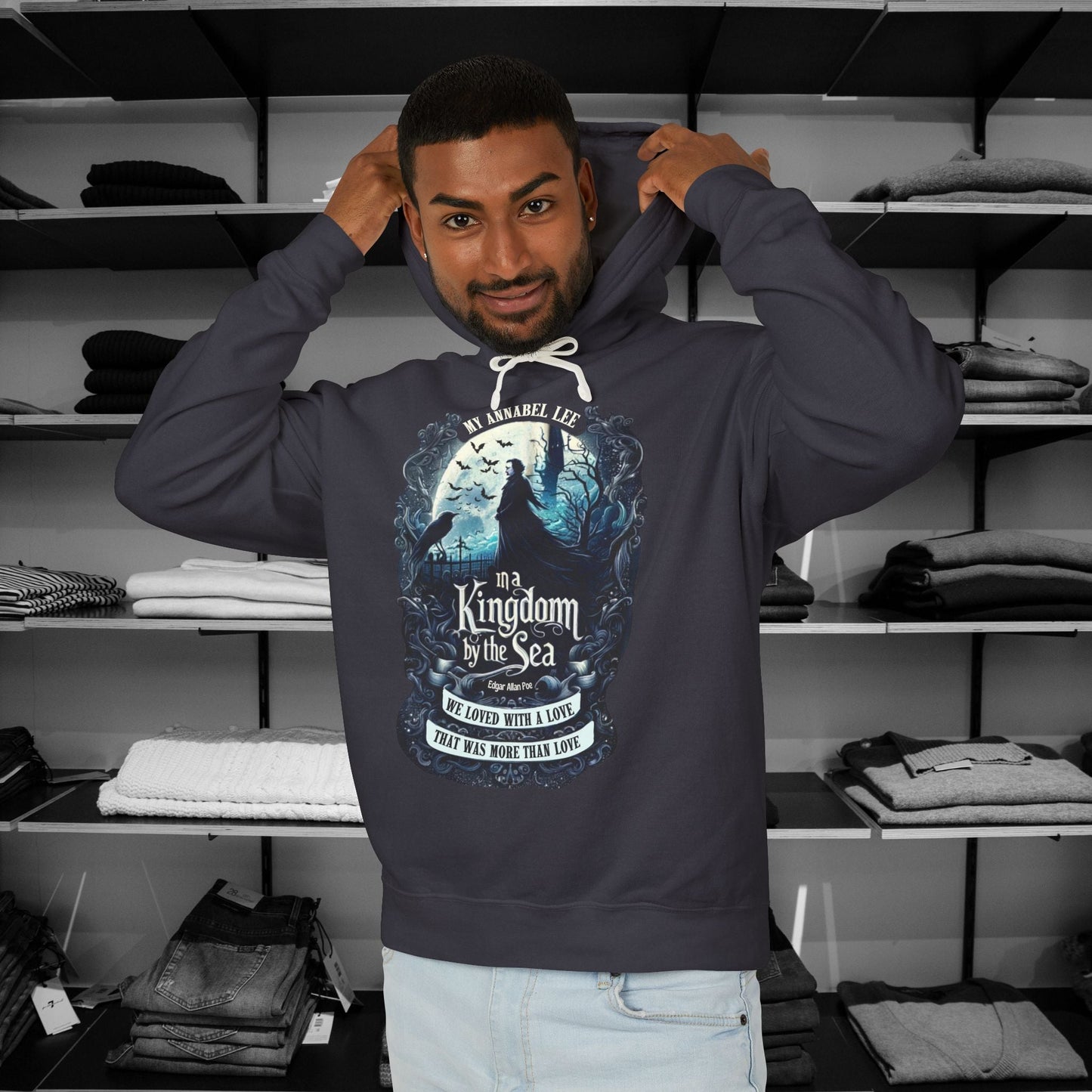 The haunting beauty of Edgar Allan Poe’s timeless poem diplayed with our Poetry Clothing Annabel Lee Gothic classic hoodie. Features a moonlit sea and gothic castle 