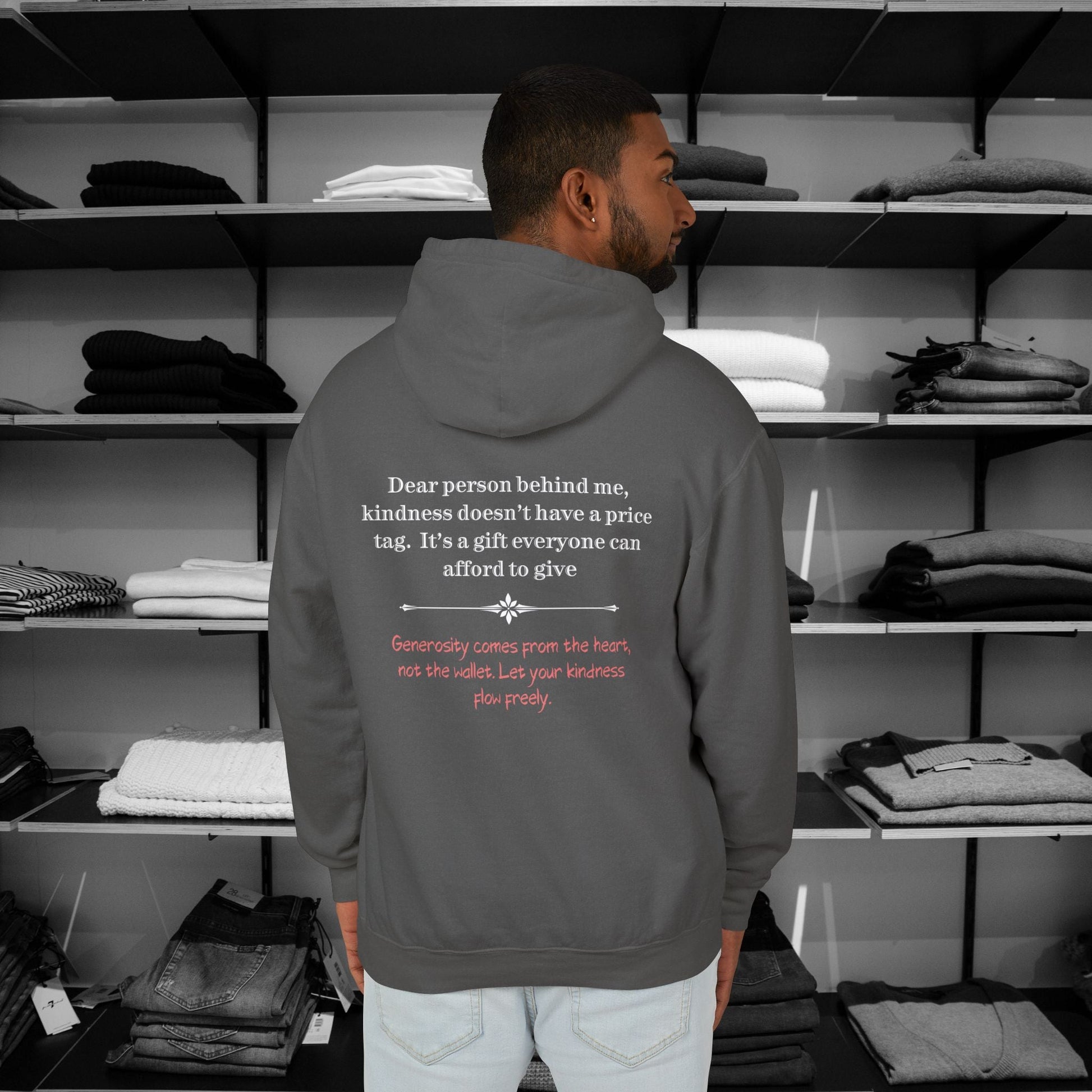 Spread positivity with our  Person Behind Me Hoodie. The message 'Kindness Costs Nothing' reminds us of life's simple truths. Made with soft Comfort Colors fabric, this cozy hoodie combines style, comfort, and a powerful message. Inspire kindness wherever you go."