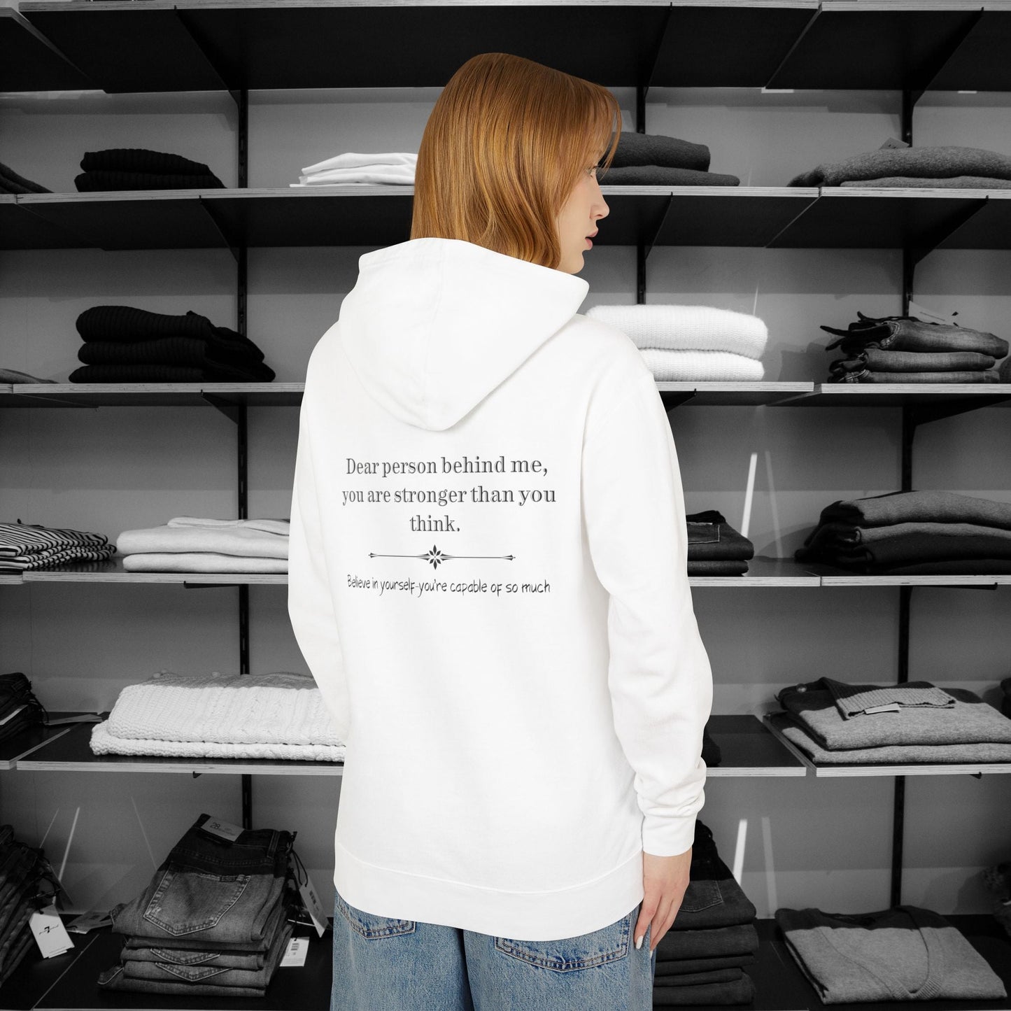 Elevate your everyday wear with a Dear Person Behind Me hoodie, designed for comfort and style. It spreads kindness with a message "you are stronger than you think".