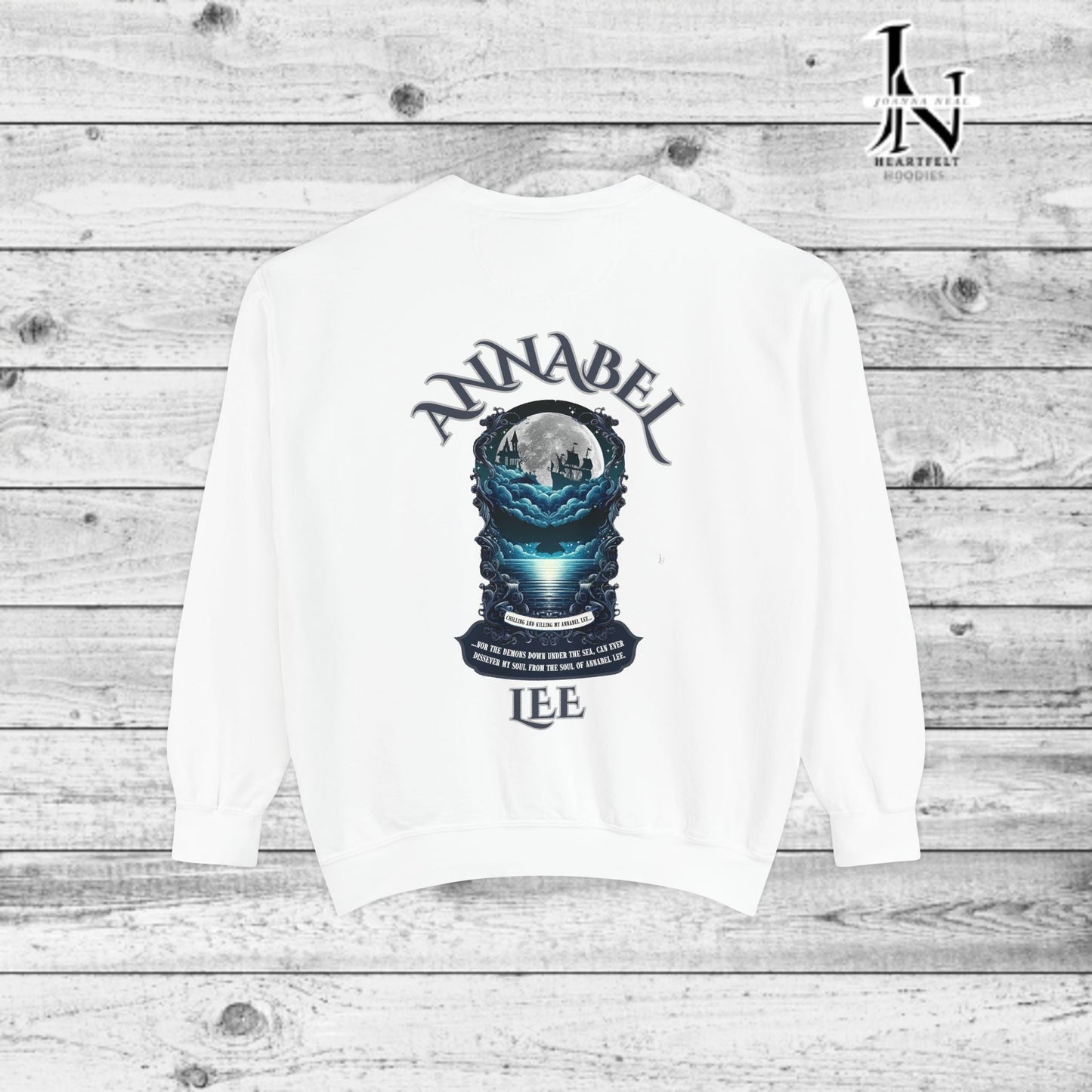 Step into the haunting beauty of Edgar Allan Poe’s timeless poem with our Poetry Clothing line, This Annabel Lee Sweatshirt Features a moonlit sea and gothic castle