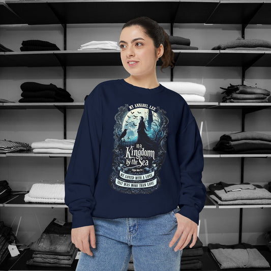 Step into the haunting beauty of Edgar Allan Poe’s timeless poem with our Poetry Clothing line, This Annabel Lee Sweatshirt Features a moonlit sea and gothic castle