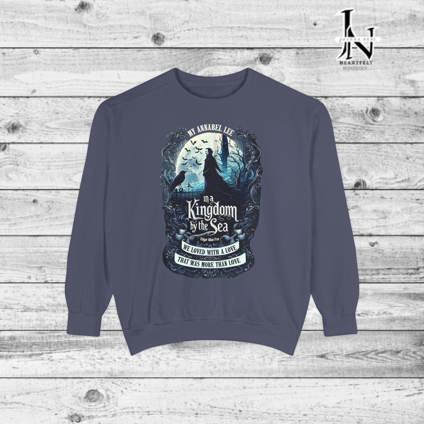 Step into the haunting beauty of Edgar Allan Poe’s timeless poem with our Poetry Clothing line, This Annabel Lee Sweatshirt Features a moonlit sea and gothic castle